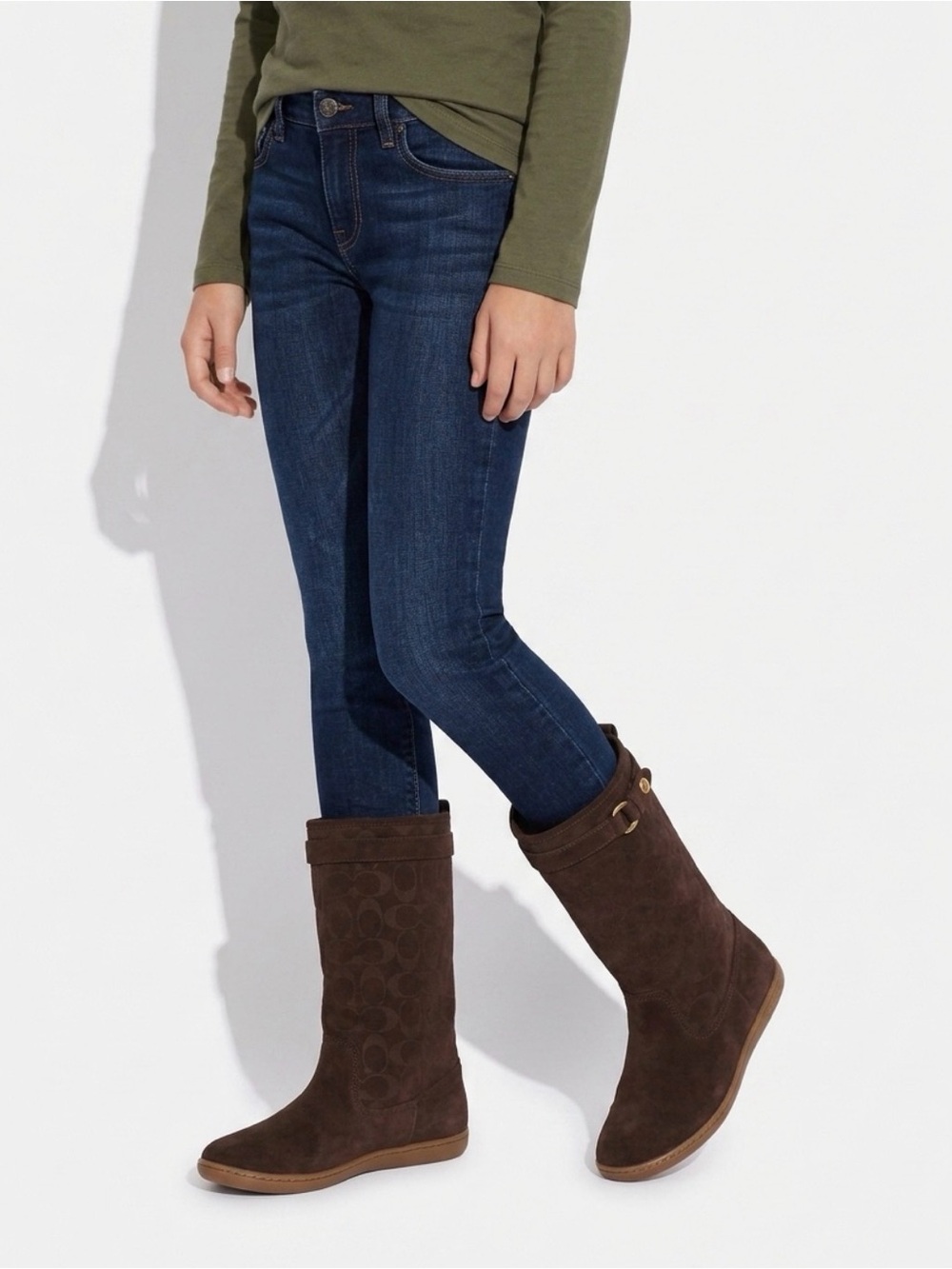 Coach Dark Brown Suede Logo Mid-Calf Boots with Gold Accents Suede sherpa lining